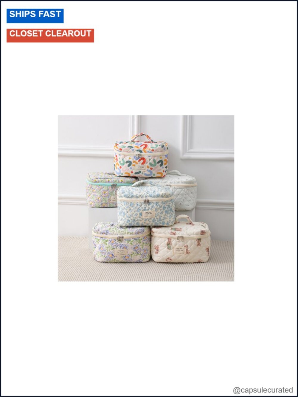 Large Quilted Travel Cosmetic Bag with Floral Cotton Design, Zippered Toiletry - Picture 6 of 6